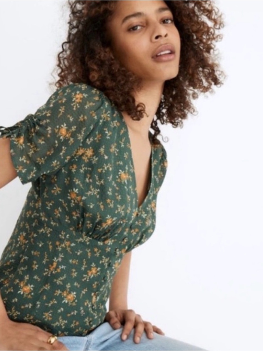 Like New Madewell Floral Silk Evie Tie Sleeve Top in Fresh Sprigs 2 Forest Green